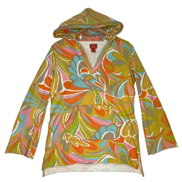 Lucky Brand y2k Bell Sleeve Hoodie Psychedelic Groovy Print VNeck sz S 70s - Picture 1 of 8